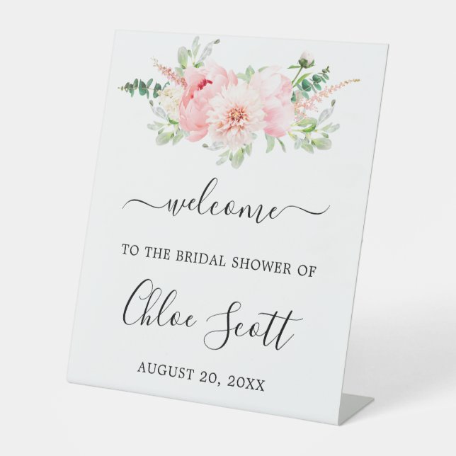Rustic Pink Peony Floral Bridal Shower Welcome  Pedestal Sign (Front)