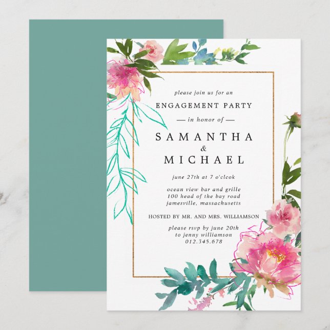 Rustic Pink Peony Floral Engagement Party Invitation (Front/Back)