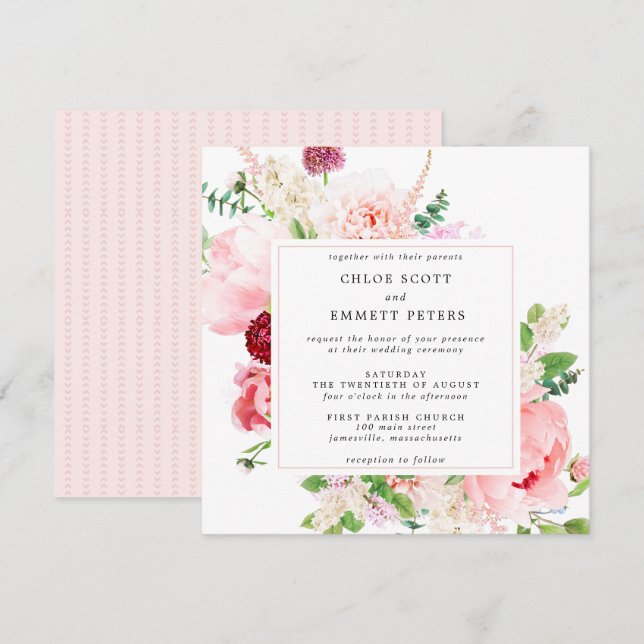 Rustic Pink Peony Floral Wedding Invitation (Front/Back)