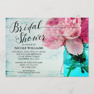 Rustic Pink Peony Mason Jar Bridal Shower Invitation