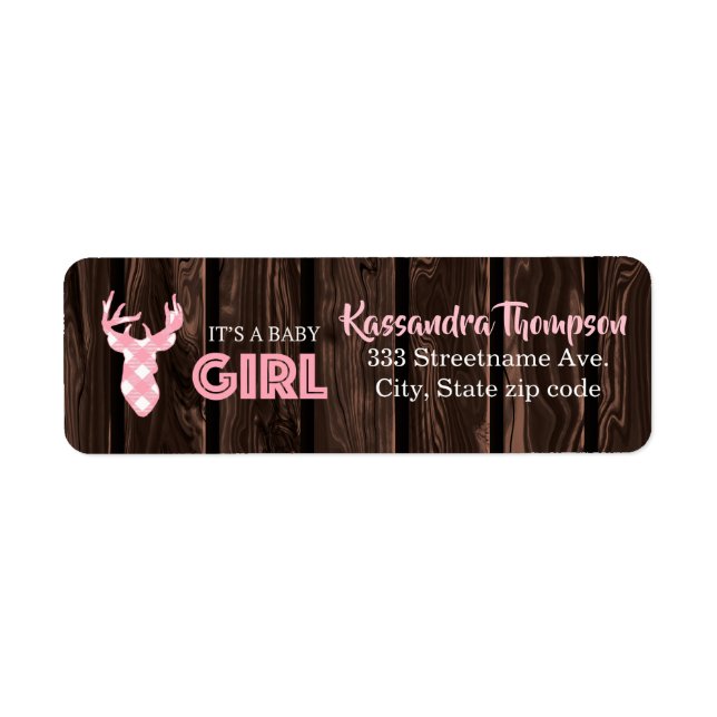 Rustic Pink Plaid Deer It's A Girl Address Label (Front)