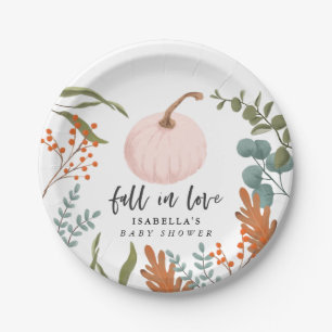 Rustic Pink Pumpkin Fall in Love Baby Shower Paper Plate