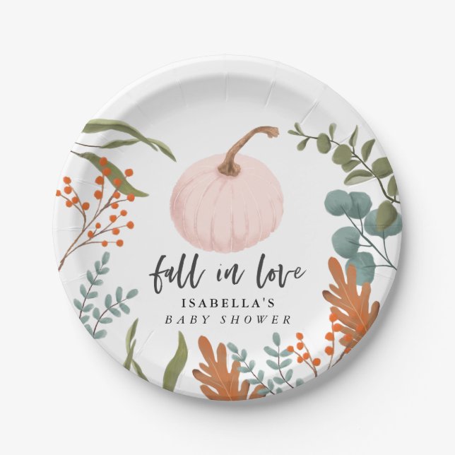 Rustic Pink Pumpkin Fall in Love Baby Shower Paper Plate (Front)