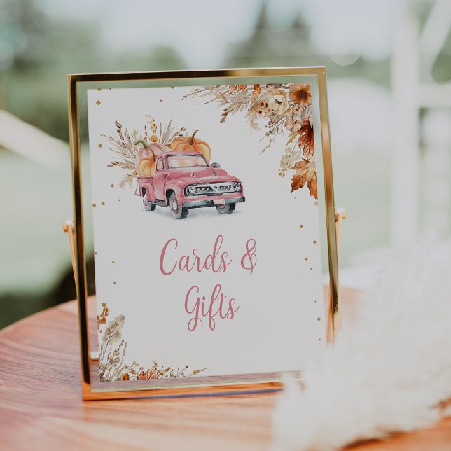 Rustic Pink Pumpkin Truck Baby Shower Sign (Editable Girls Pumpkin Truck Baby Shower Sign Fall Harvest Pink Truck Baby Shower Gifts Cards Sign)