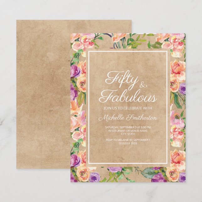Rustic Pink Purple Floral Kraft 50th Birthday Invitation (Front/Back)