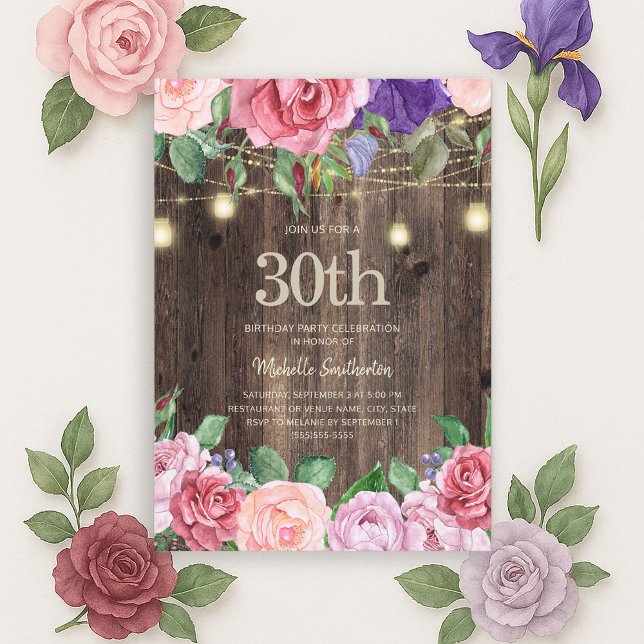 Rustic Pink Purple Flowers String Lights 30th Invitation (Pink and purple watercolor floral and string lights on rustic wood 30th birthday party invitation)
