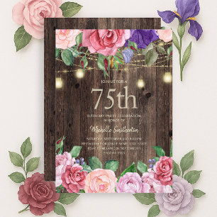 Rustic Pink Purple Flowers String Lights 75th Invitation