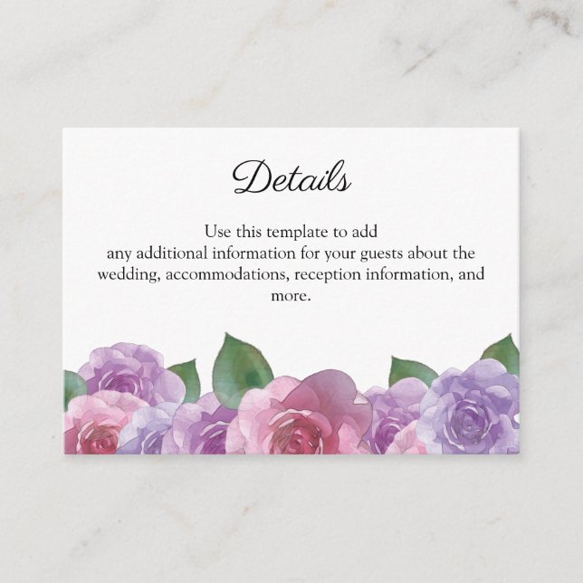 Rustic Pink Purple Rose Floral Wedding Details     Enclosure Card (Front)