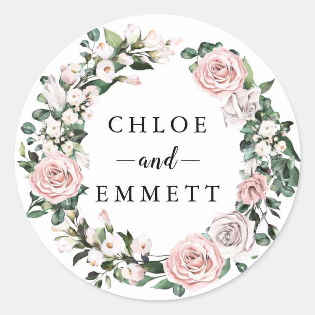 Rustic Pink Purple Rose Wreath Wedding Favour Classic Round Sticker (Front)