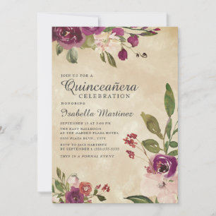 Rustic Pink Purple Watercolor Floral Quinceañera Invitation