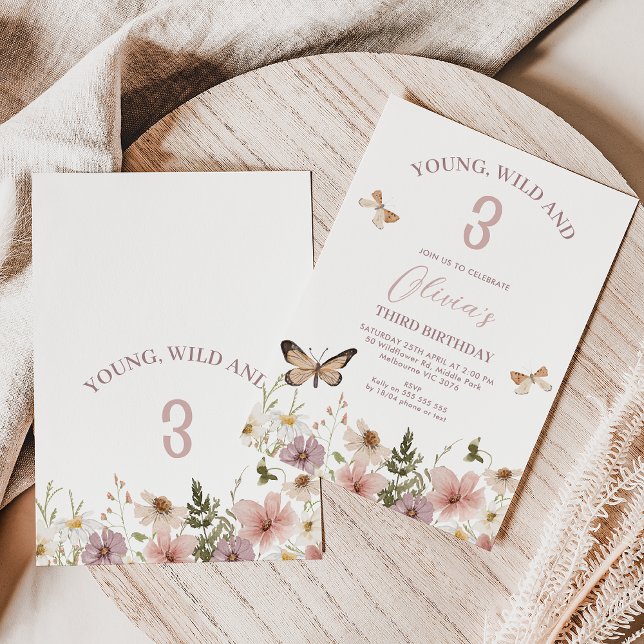 Rustic Pink Purple Wildflowers 3rd Birthday  Invitation (Wildflowers Young, Wild and Three Birthday Invitation, Wildflowers 3rd Birthday Invitation Template)