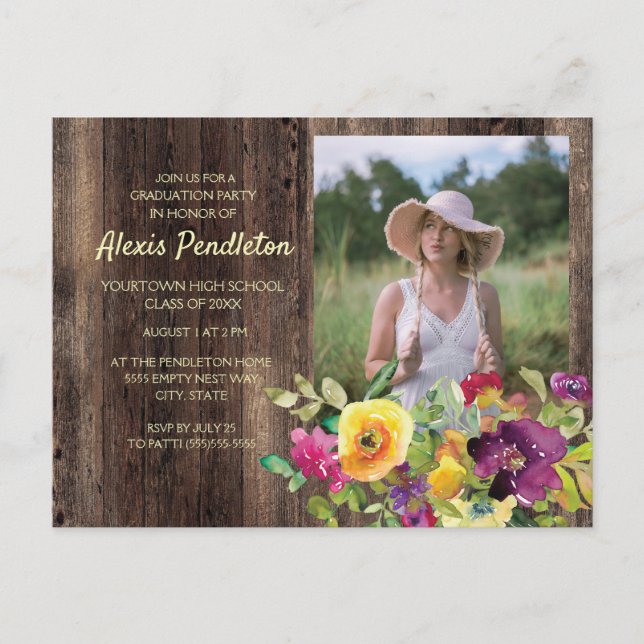 Rustic Pink Purple Yellow Floral Graduation Party Invitation Postcard (Front)