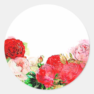 Rustic Pink & Red Watercolor Rose Floral Border Classic Round Sticker