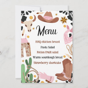 Rustic Pink Rodeo Birthday Food Menu Sign Card