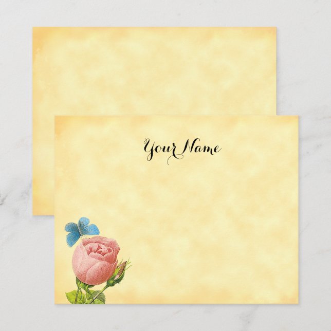 Rustic Pink Rose and Blue Moth Editable 4.25x5.5 Card (Front/Back)