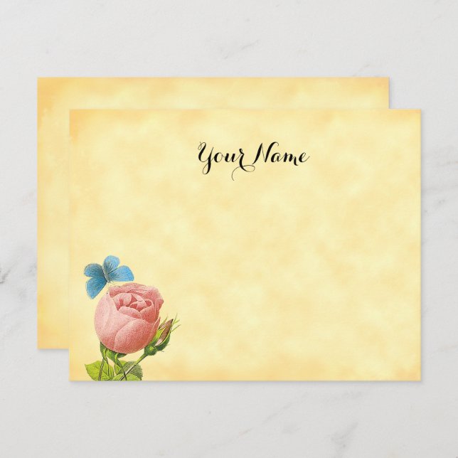 Rustic Pink Rose and Blue Moth Editable  Card (Front/Back)