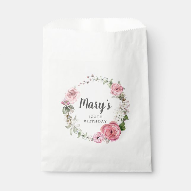 Rustic Pink Rose Floral 100th Birthday  Favour Bags (Front)