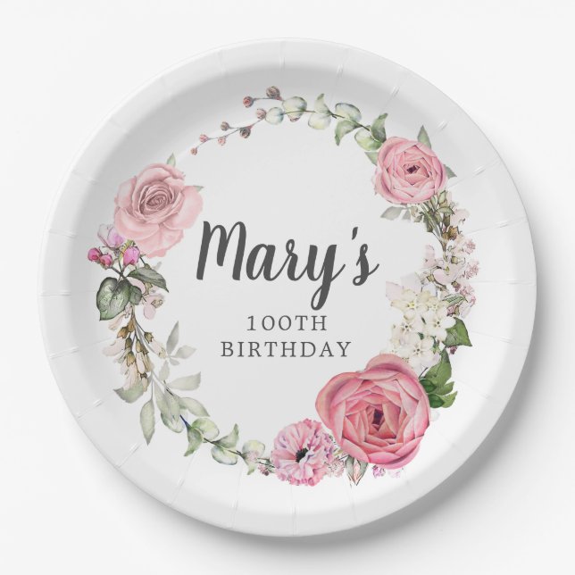 Rustic Pink Rose Floral 100th Birthday Paper Plate (Front)