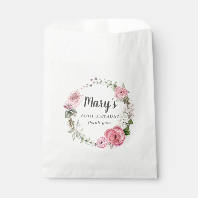 Rustic Pink Rose Floral 80th Birthday Favour Bags (Front)