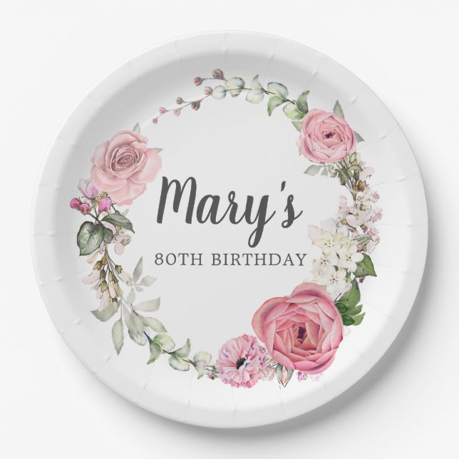 Rustic Pink Rose Floral 80th Birthday  Paper Plate (Front)