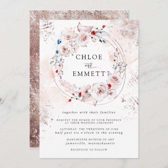 Rustic Pink Rose Floral and Gold Wedding Invitation (Front/Back)