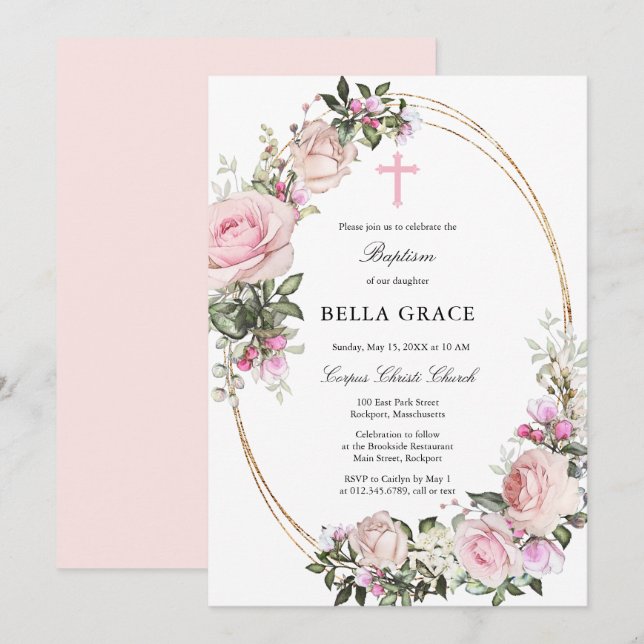 Rustic Pink Rose Floral Baptism Invitation (Front/Back)