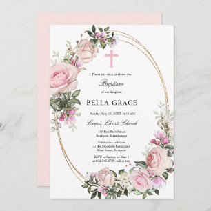 Rustic Pink Rose Floral Baptism Invitation