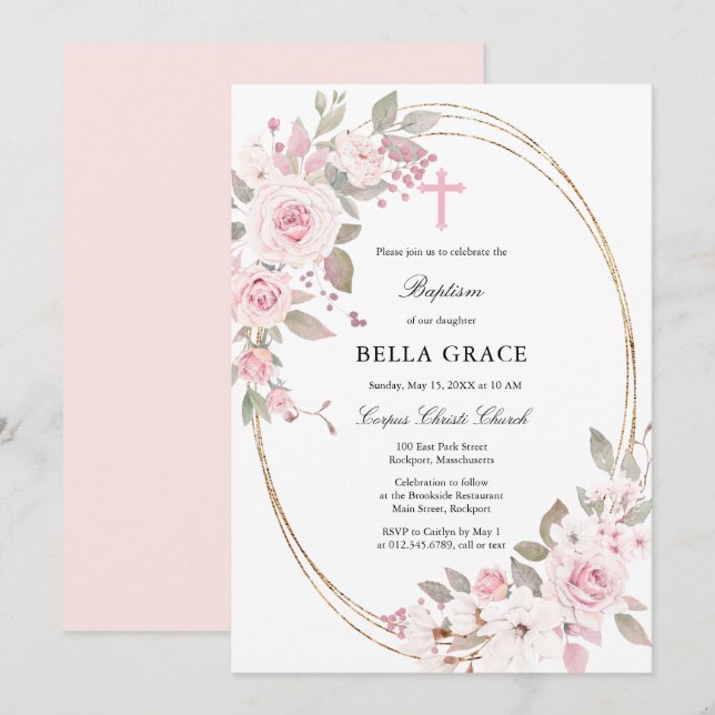 Rustic Pink Rose Floral Baptism Invitation (Front/Back)