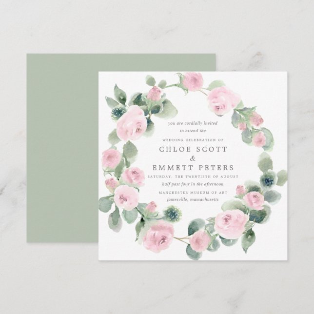 Rustic Pink Rose Floral Eucalyptus Wedding Invitation (Front/Back)