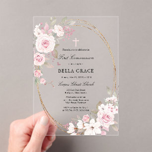 Rustic Pink Rose Floral First Holy Communion Acrylic Invitations
