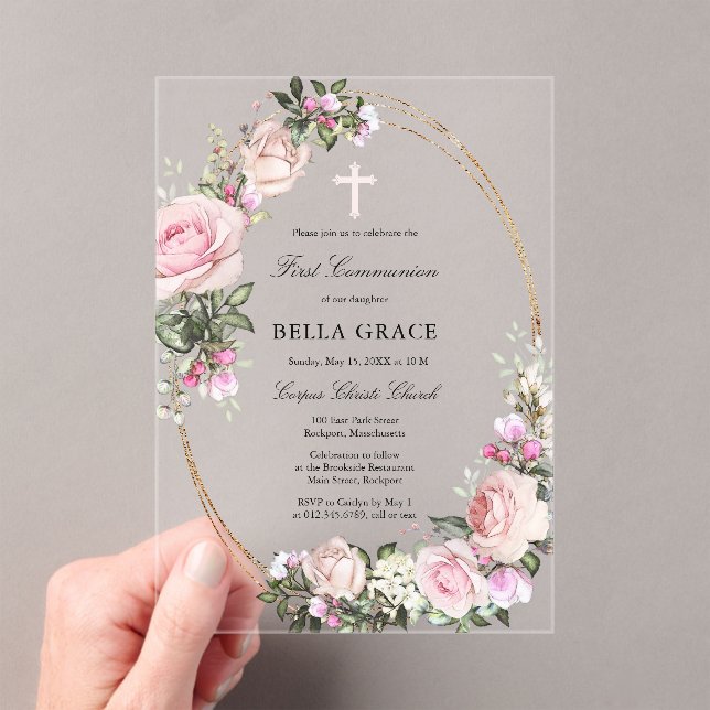Rustic Pink Rose Floral First Holy Communion Acrylic Invitations (Insitu (Handheld))