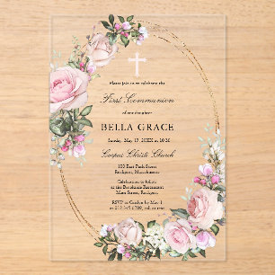 Rustic Pink Rose Floral First Holy Communion Acrylic Invitations