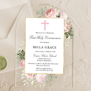 Rustic Pink Rose Floral First Holy Communion Acrylic Invitations