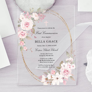 Rustic Pink Rose Floral First Holy Communion Acrylic Invitations