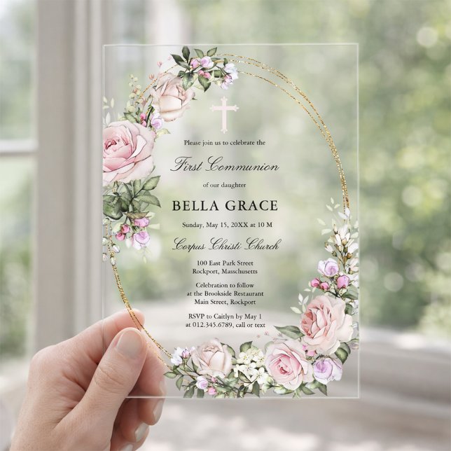 Rustic Pink Rose Floral First Holy Communion Acrylic Invitations (Creator Uploaded)