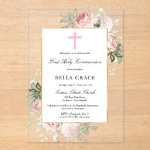 Rustic Pink Rose Floral First Holy Communion Acrylic Invitations