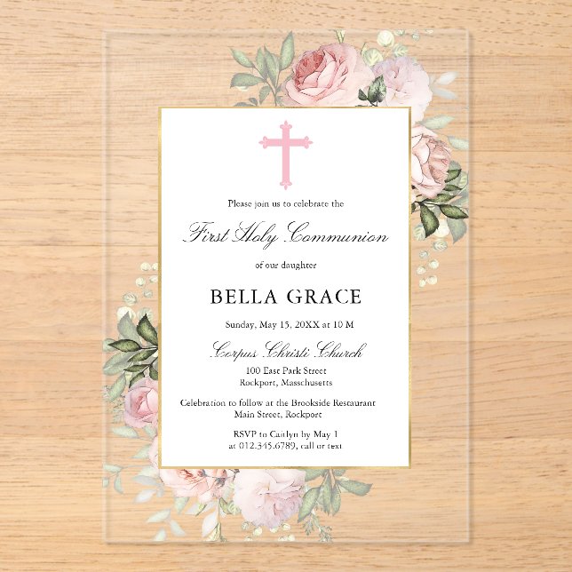 Rustic Pink Rose Floral First Holy Communion Acrylic Invitations (Front)