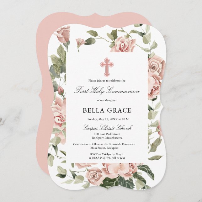 Rustic Pink Rose Floral First Holy Communion Invit Invitation (Front/Back)
