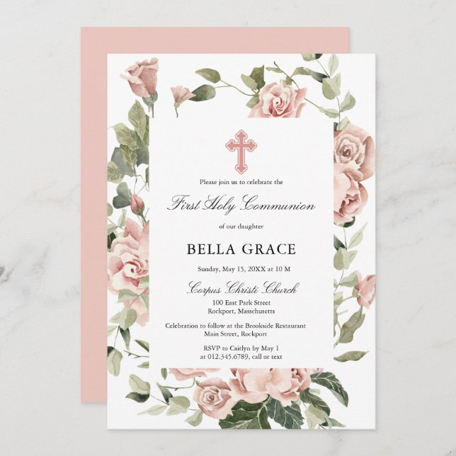 Rustic Pink Rose Floral First Holy Communion Invit Invitation (Front/Back)