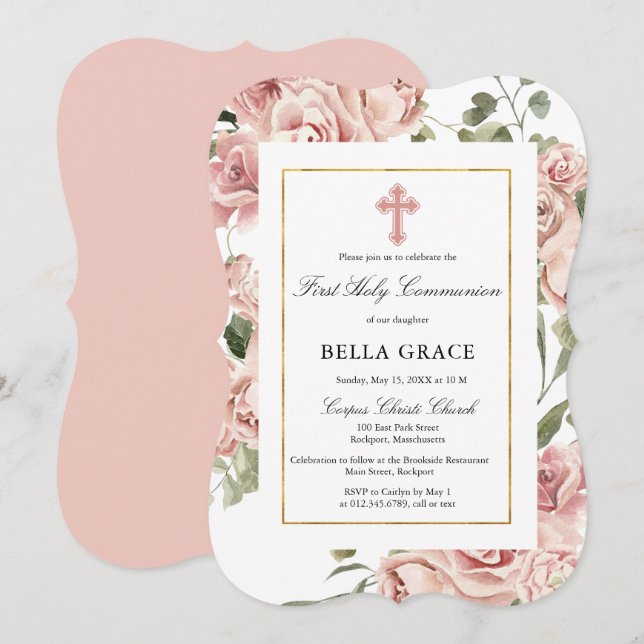 Rustic Pink Rose Floral First Holy Communion Invitation (Front/Back)