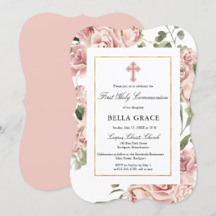 Rustic Pink Rose Floral First Holy Communion Invitation