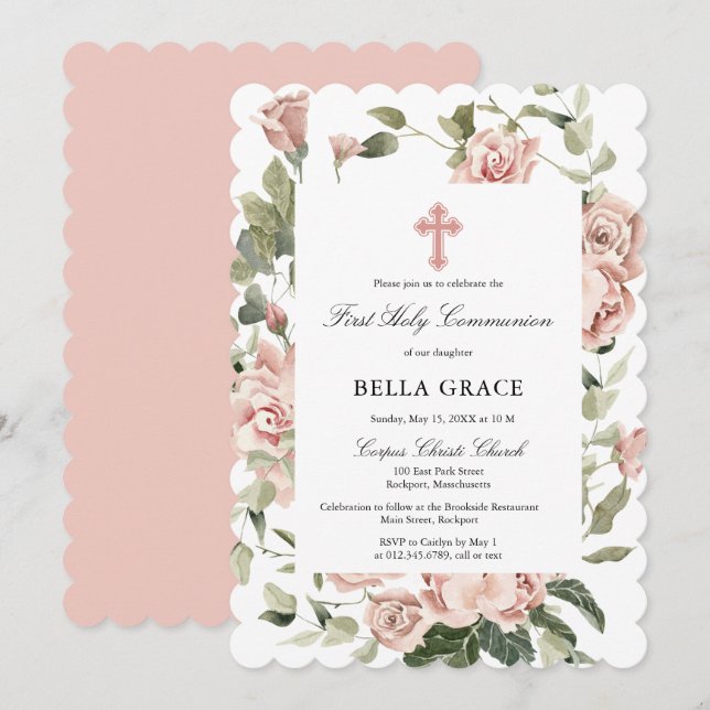 Rustic Pink Rose Floral First Holy Communion Invitation (Front/Back)