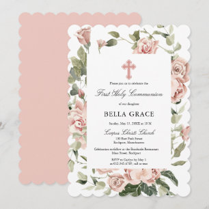 Rustic Pink Rose Floral First Holy Communion Invitation