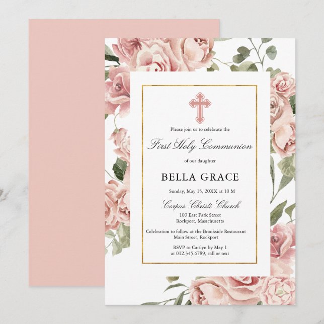 Rustic Pink Rose Floral First Holy Communion Invitation (Front/Back)