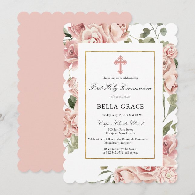 Rustic Pink Rose Floral First Holy Communion Invitation (Front/Back)