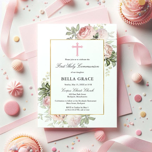 Rustic Pink Rose Floral First Holy Communion Invitation (Creator Uploaded)