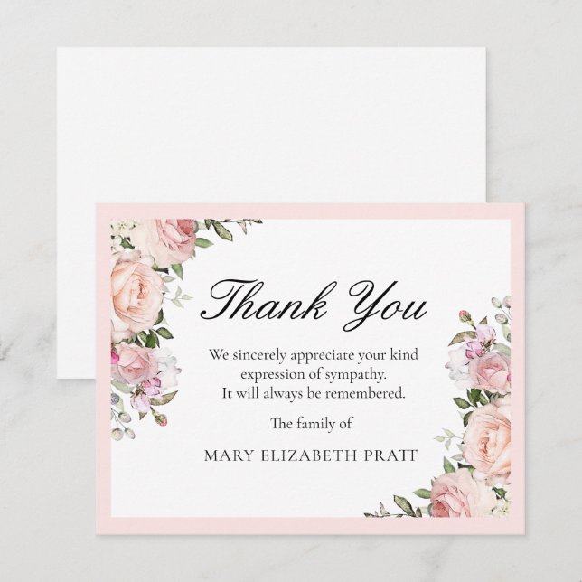 Rustic Pink Rose Floral Funeral Thank You Card (Front/Back)