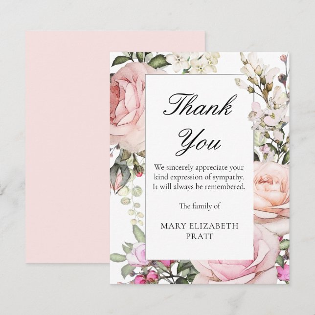 Rustic Pink Rose Floral Funeral Thank You Card (Front/Back)
