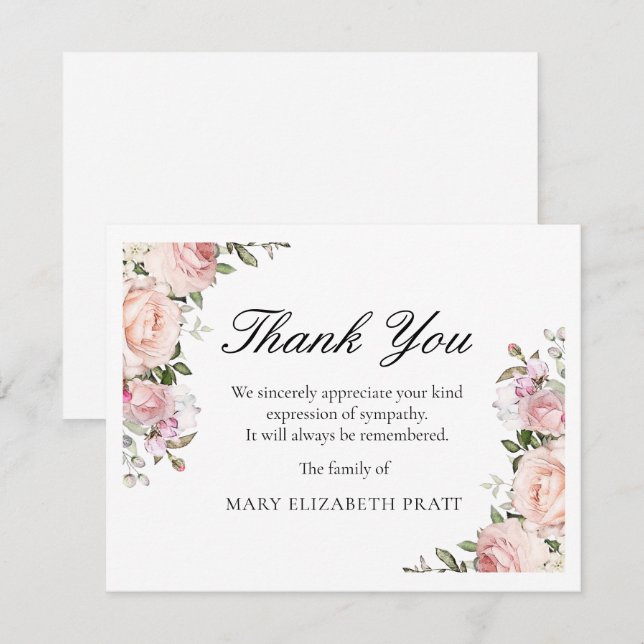 Rustic Pink Rose Floral Funeral Thank You Card (Front/Back)