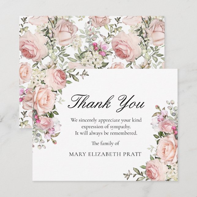 Rustic Pink Rose Floral Funeral Thank You Card (Front/Back)